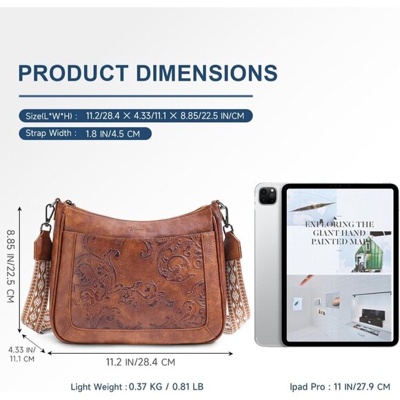 Vegan Leather Crossbody Bag with Embossed Flower Design Large Capacity Stylish - Picture 4 of 6